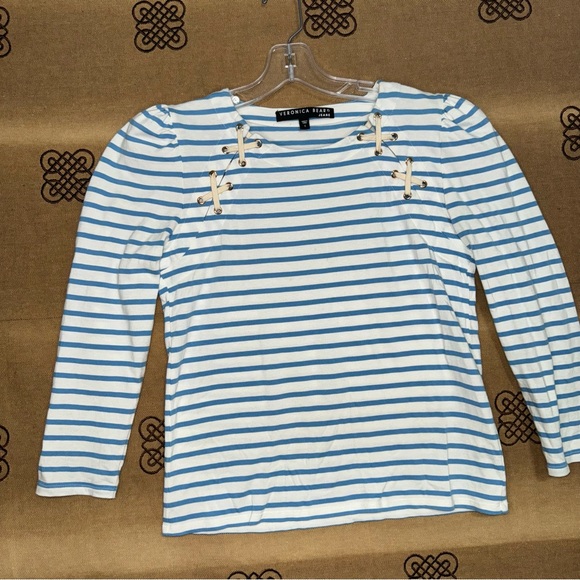 Veronica Beard Eli Baseball Blue/White Striped Tee Puff Long Sleeve Top Size S - Picture 3 of 11
